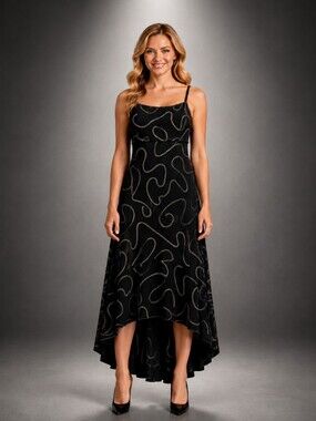 Y2K Andrea Quinn Black Abstract Design Hi-low Ruffled Hem Dress